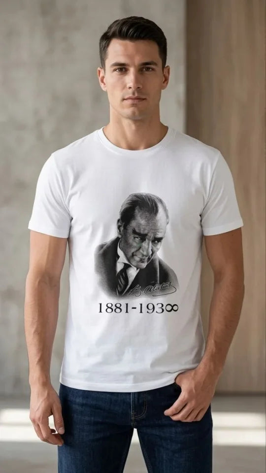 Men's Atatürk Printed T-Shirt Short Sleeve Crew Neck T-Shirt - White