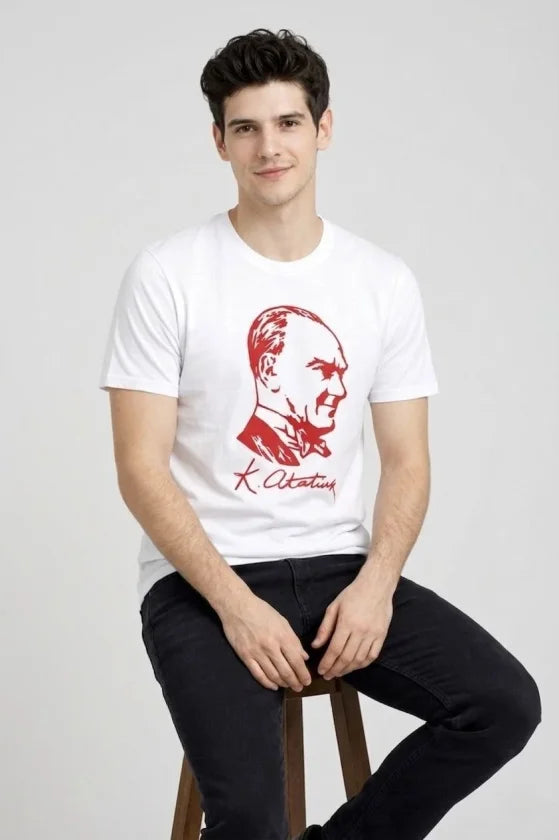 Men's Atatürk Printed T-Shirt Short Sleeve Crew Neck T-Shirt - White