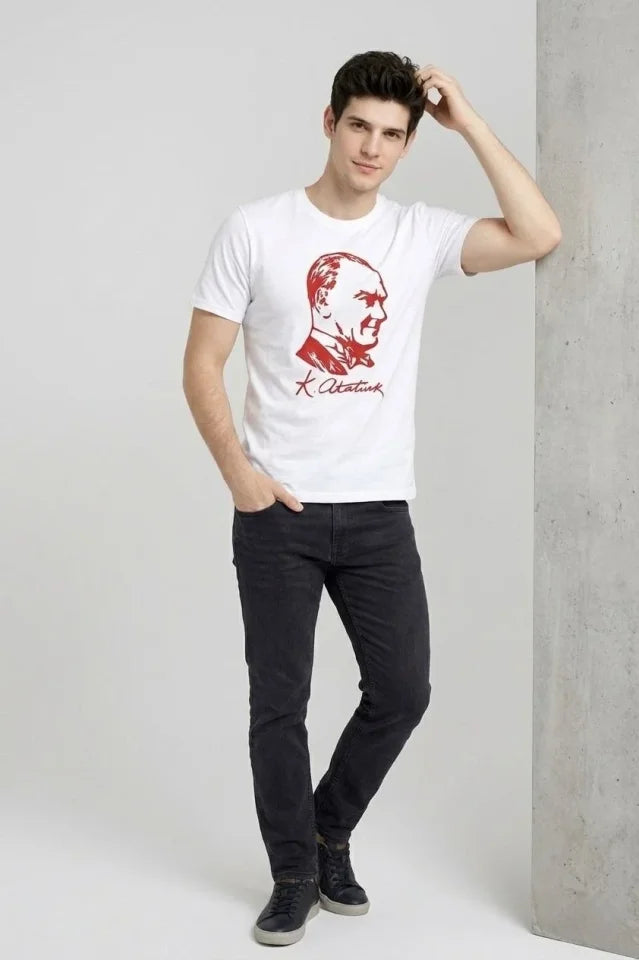 Men's Atatürk Printed T-Shirt Short Sleeve Crew Neck T-Shirt - White