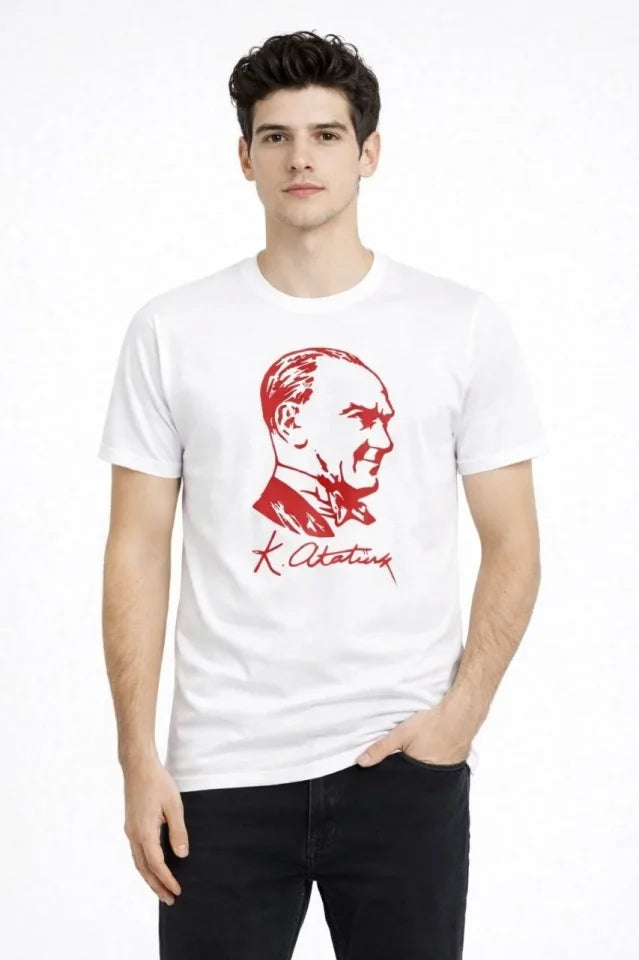 Men's Atatürk Printed T-Shirt Short Sleeve Crew Neck T-Shirt - White