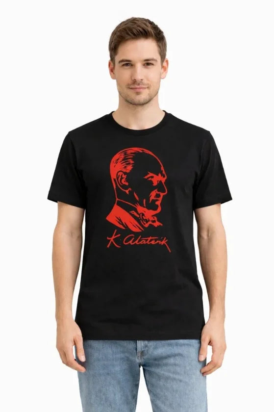 Men's Atatürk Printed T-Shirt Short Sleeve Crew Neck T-Shirt - Black