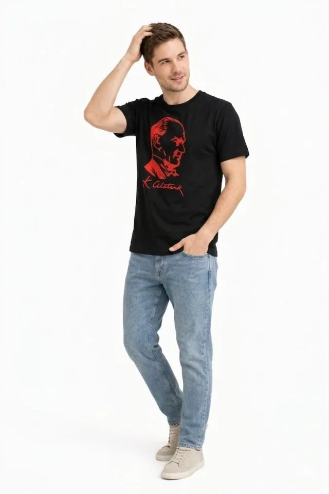 Men's Atatürk Printed T-Shirt Short Sleeve Crew Neck T-Shirt - Black