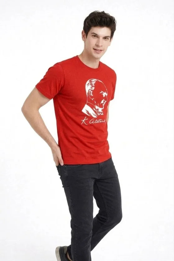 Men's Atatürk Printed T-Shirt Short Sleeve Crew Neck T-Shirt - Red