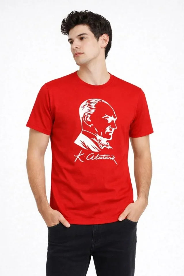 Men's Atatürk Printed T-Shirt Short Sleeve Crew Neck T-Shirt - Red
