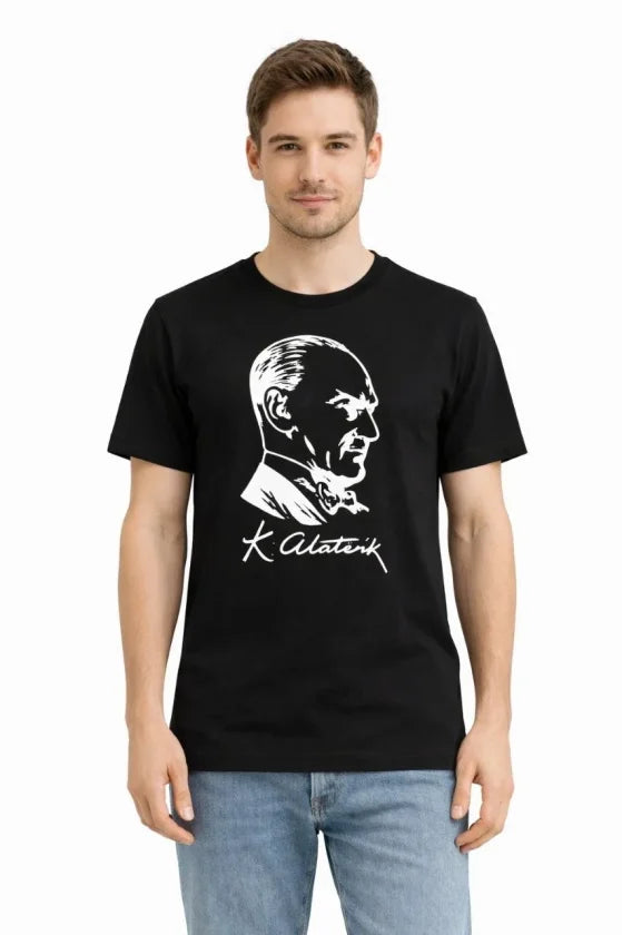 Men's Atatürk Printed T-Shirt Short Sleeve Crew Neck T-Shirt - Black