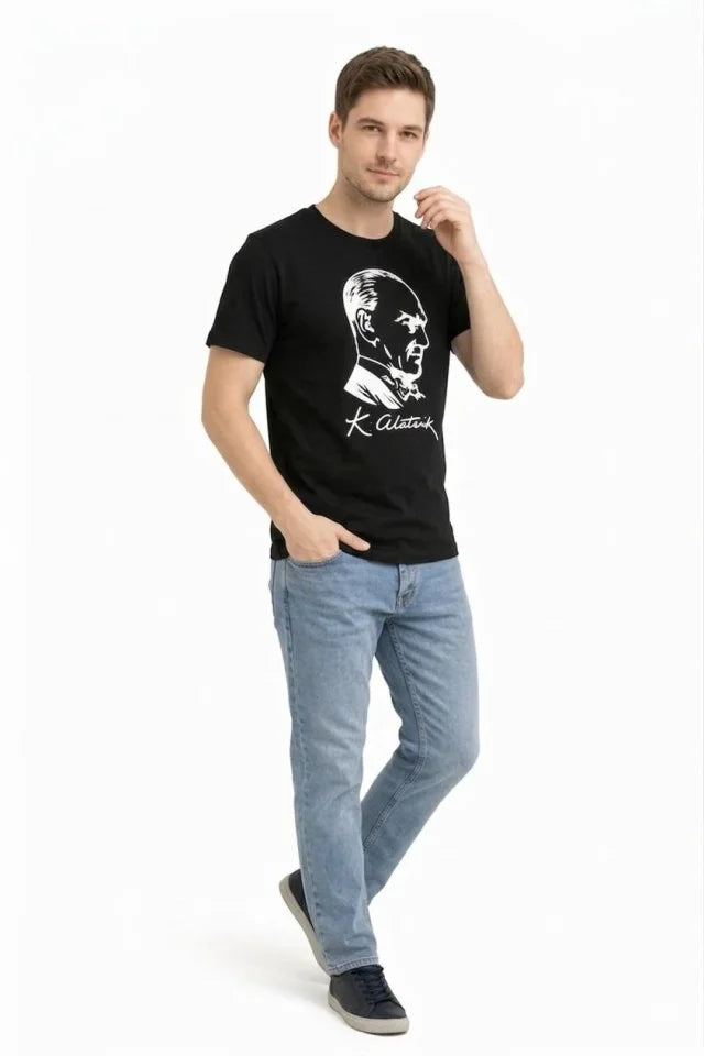 Men's Atatürk Printed T-Shirt Short Sleeve Crew Neck T-Shirt - Black