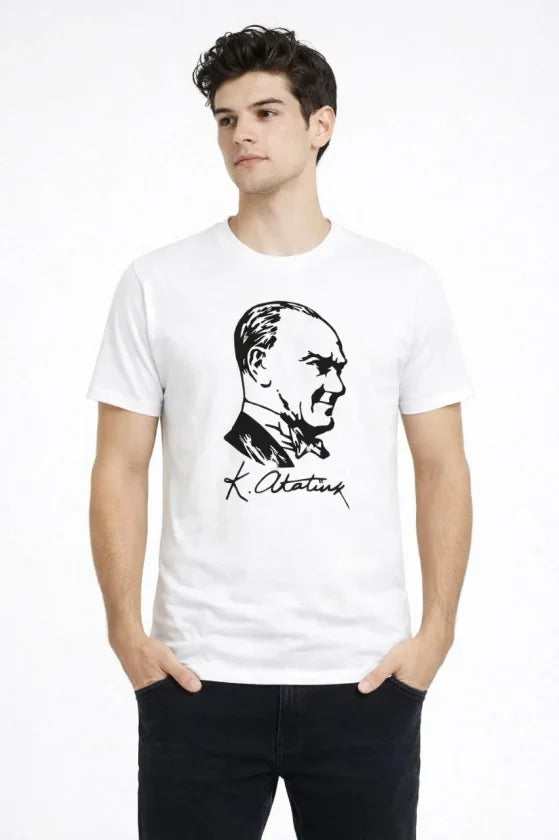 Men's Atatürk Printed T-Shirt Short Sleeve Crew Neck T-Shirt - White