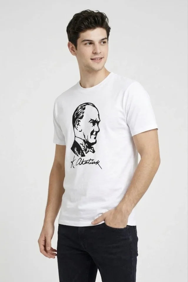 Men's Atatürk Printed T-Shirt Short Sleeve Crew Neck T-Shirt - White