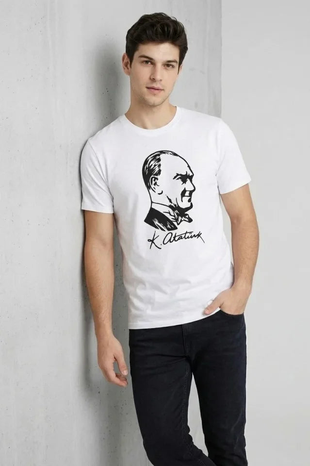 Men's Atatürk Printed T-Shirt Short Sleeve Crew Neck T-Shirt - White