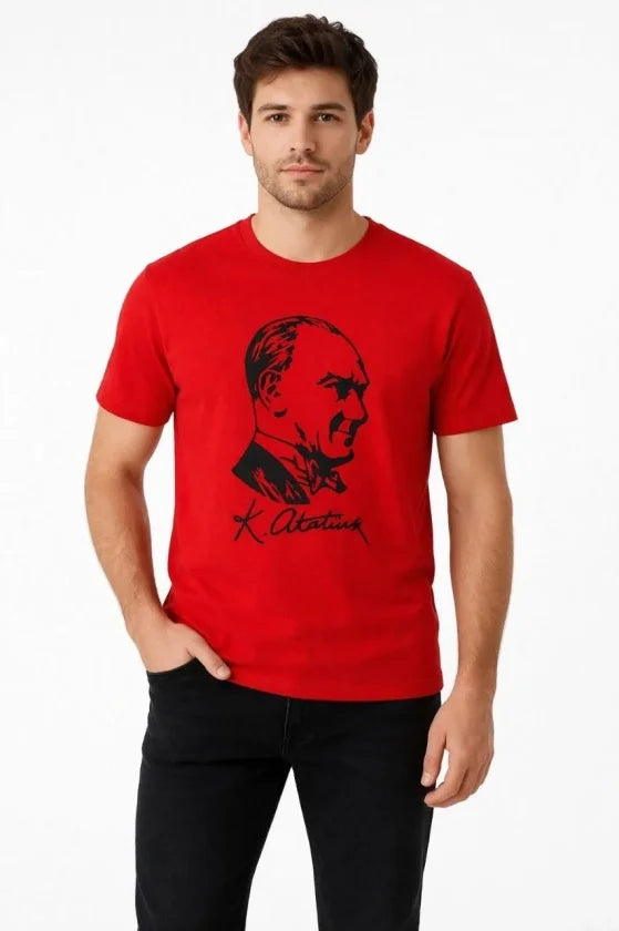Men's Atatürk Printed T-Shirt Short Sleeve Crew Neck T-Shirt - Red