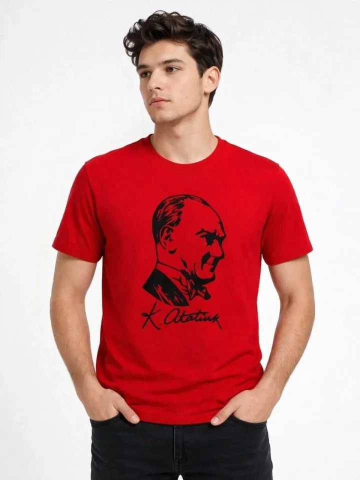 Men's Atatürk Printed T-Shirt Short Sleeve Crew Neck T-Shirt - Red