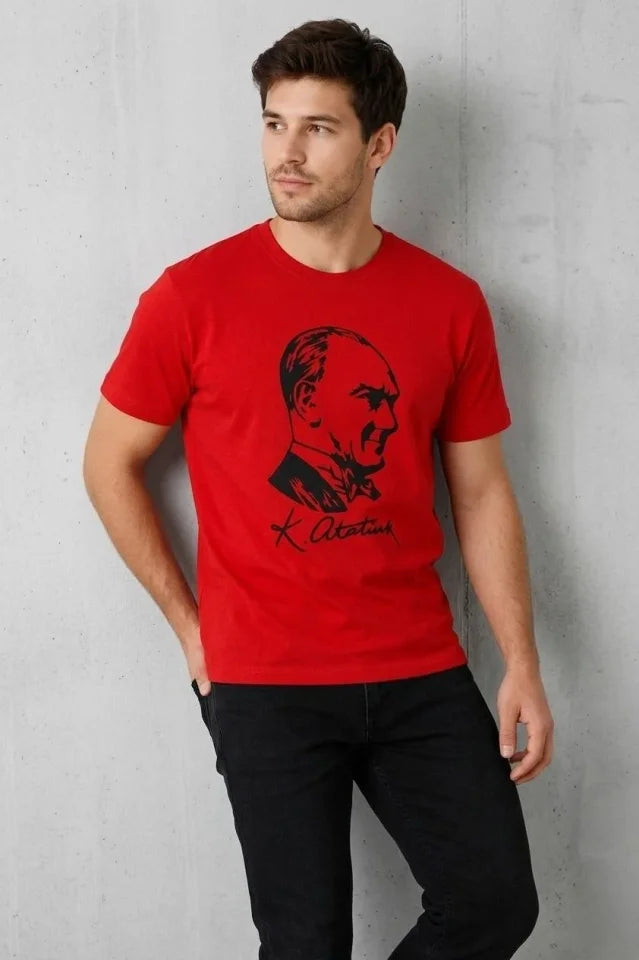 Men's Atatürk Printed T-Shirt Short Sleeve Crew Neck T-Shirt - Red