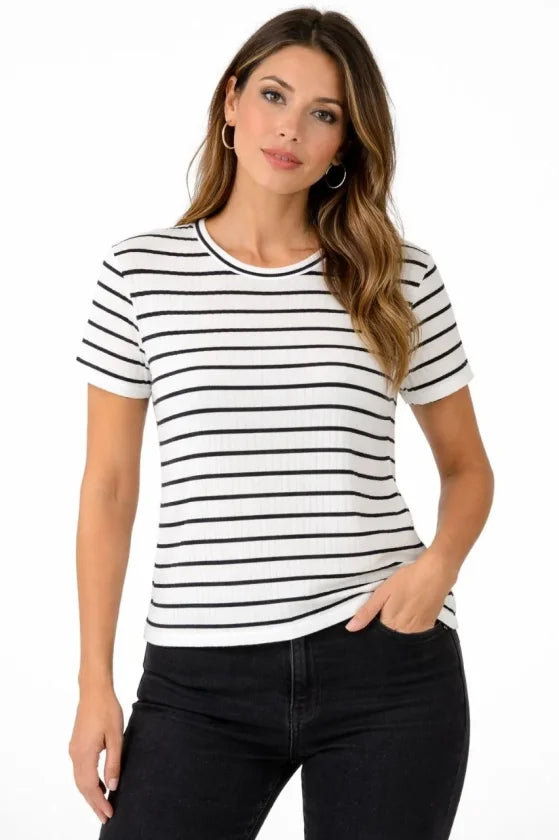Striped Summer Knit T-Shirt Crew Neck Relaxed Fit T-Shirt - White