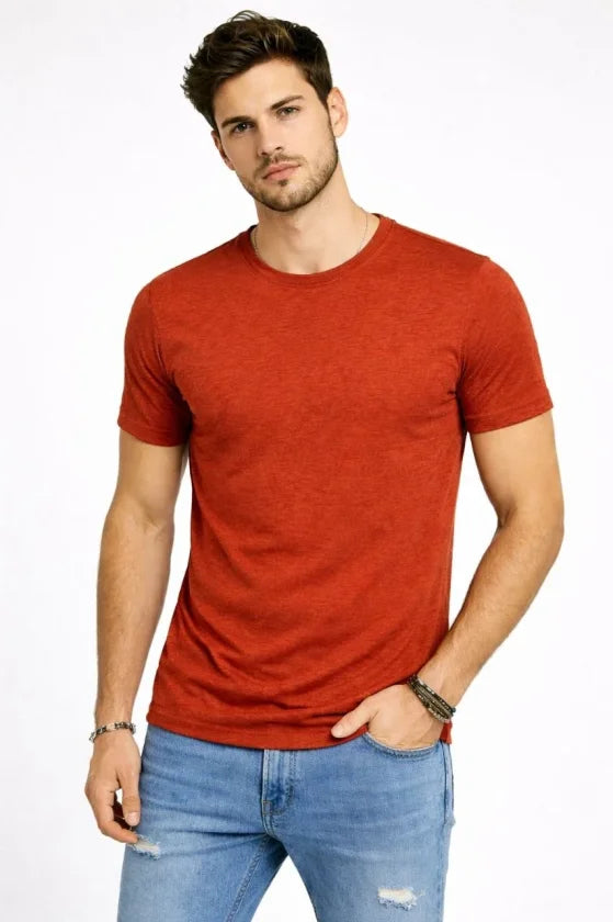Men's Flam Fabric Melange Textured Regular Fit T-Shirt Crew Neck Summer T-Shirt - Brick