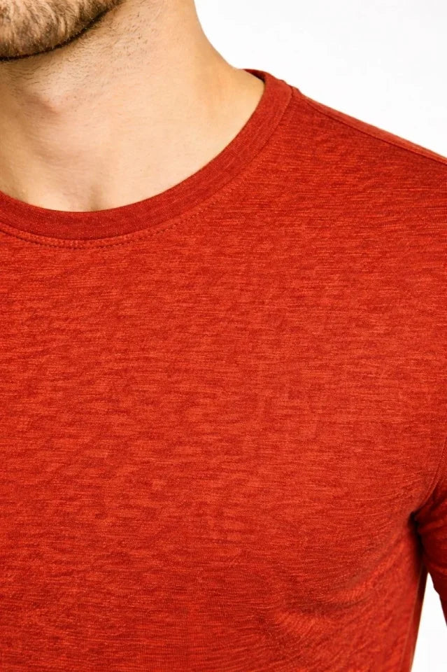 Men's Flam Fabric Melange Textured Regular Fit T-Shirt Crew Neck Summer T-Shirt - Brick