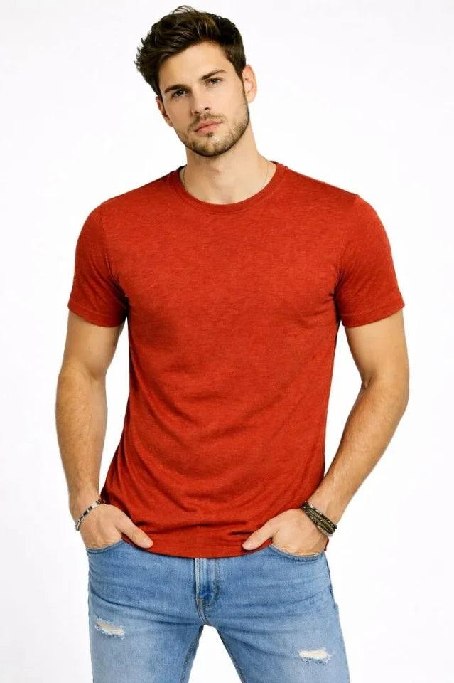 Men's Flam Fabric Melange Textured Regular Fit T-Shirt Crew Neck Summer T-Shirt - Brick