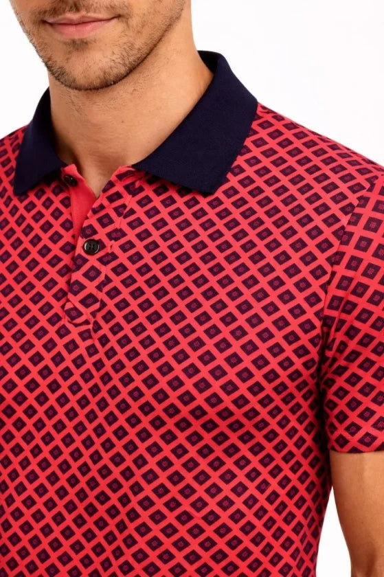 Men's Pique Fabric Polo Neck Patterned Short Sleeve Summer T-Shirt - Red