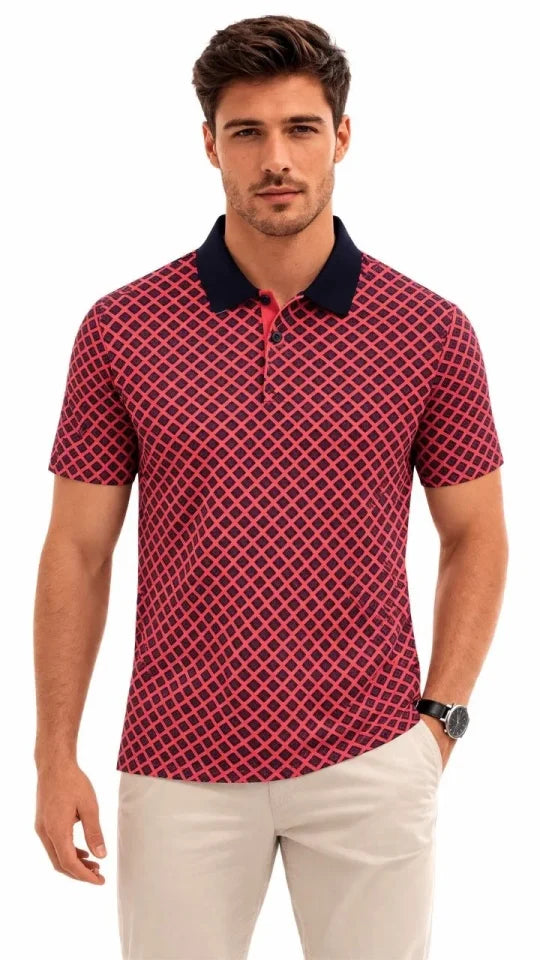 Men's Pique Fabric Polo Neck Patterned Short Sleeve Summer T-Shirt - Red