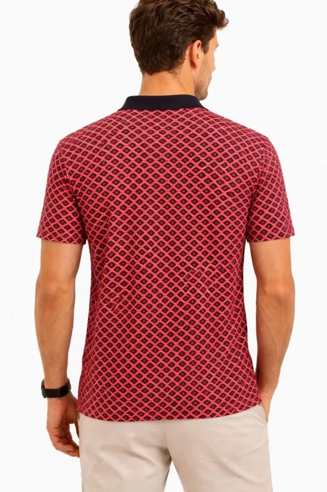 Erkek Pike Kumaş Polo Yaka Desenli Tişört Kısa Kol Yazlık T-Shirt - Kırmızı