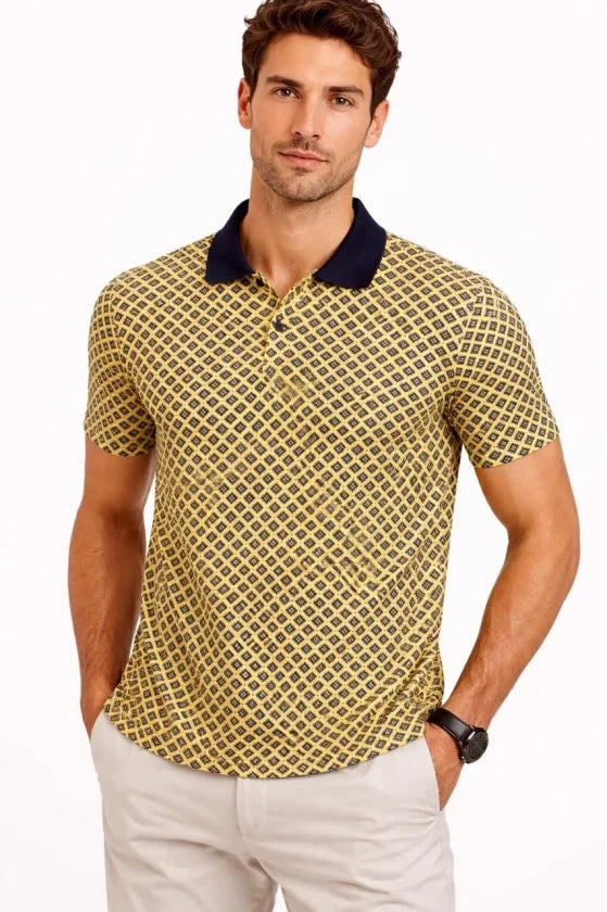 Men's Pique Fabric Polo Neck Patterned Short Sleeve Summer T-Shirt - Yellow