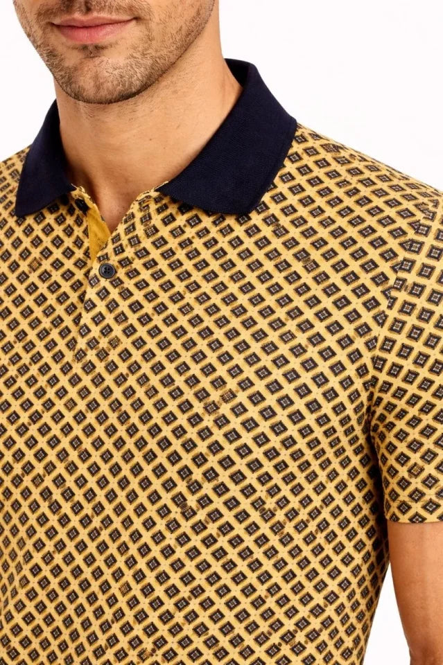 Men's Pique Fabric Polo Neck Patterned Short Sleeve Summer T-Shirt - Yellow