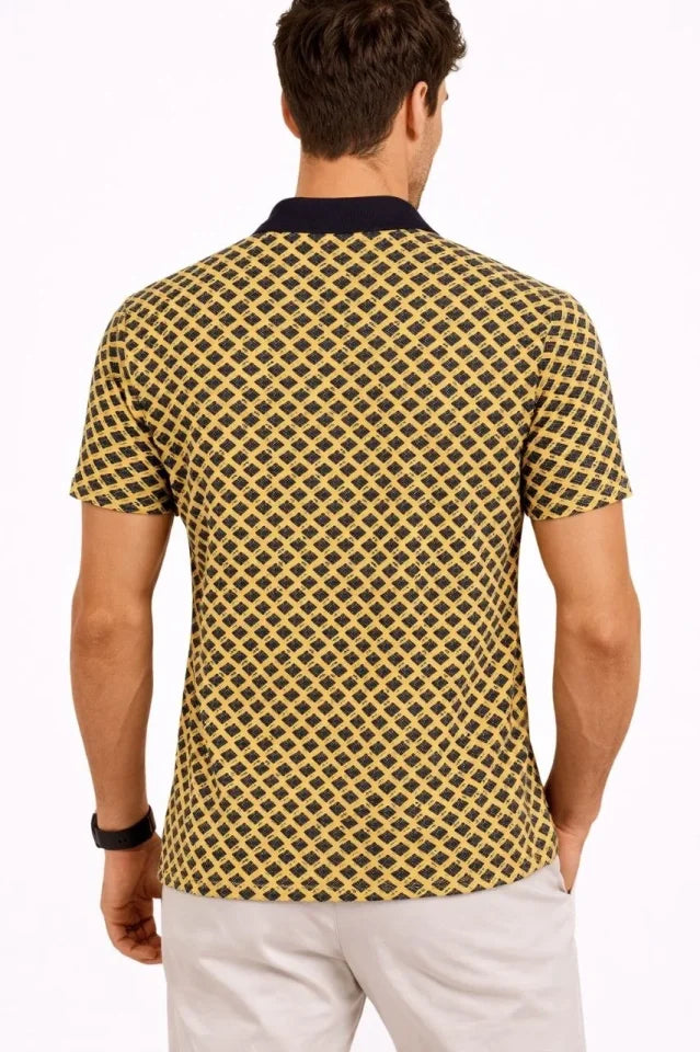 Erkek Pike Kumaş Polo Yaka Desenli Tişört Kısa Kol Yazlık T-Shirt - Sarı