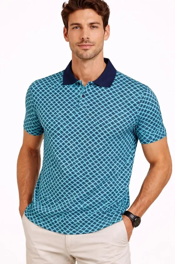 Men's Pique Fabric Polo Neck Patterned Short Sleeve Summer T-Shirt - Turquoise