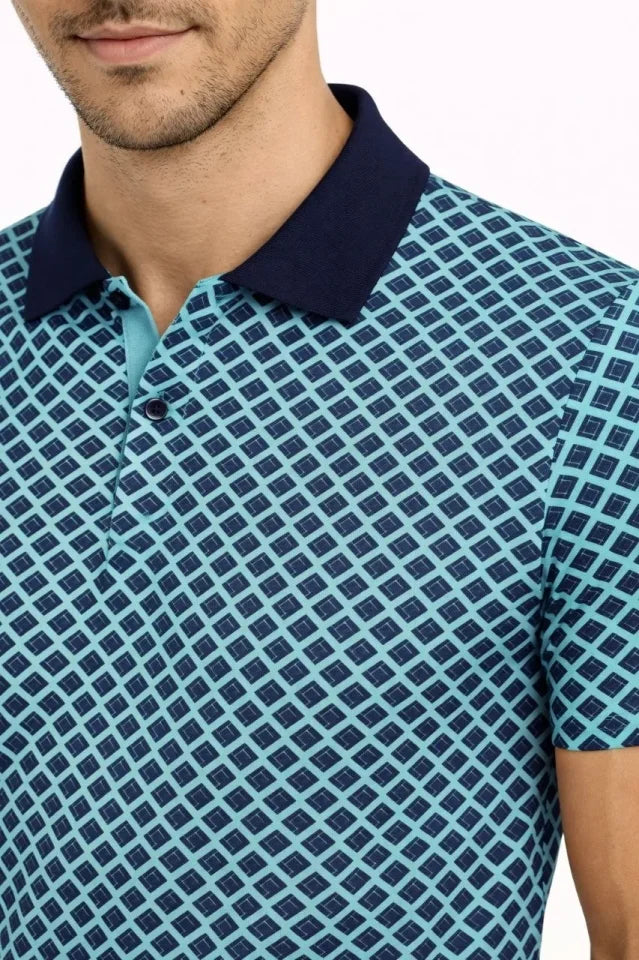 Men's Pique Fabric Polo Neck Patterned Short Sleeve Summer T-Shirt - Turquoise