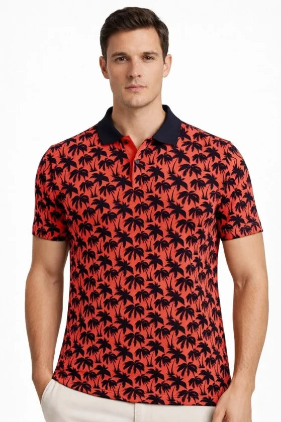 Men's Pique Fabric Polo Neck Palm Pattern Short Sleeve Summer T-Shirt - Red