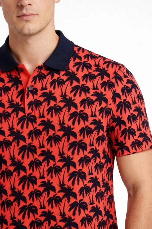 Men's Pique Fabric Polo Neck Palm Pattern Short Sleeve Summer T-Shirt - Red
