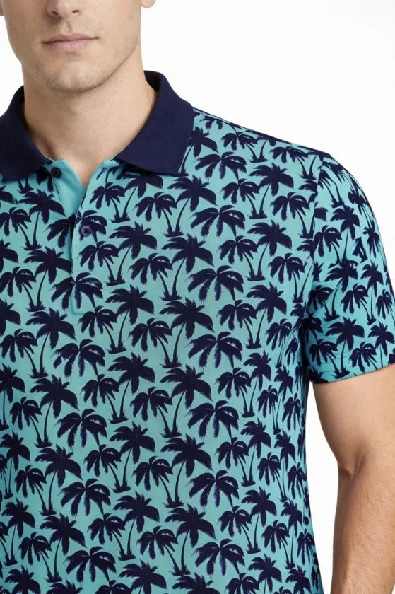 Men's Pique Fabric Polo Neck Palm Pattern Short Sleeve Summer T-Shirt - Turquoise