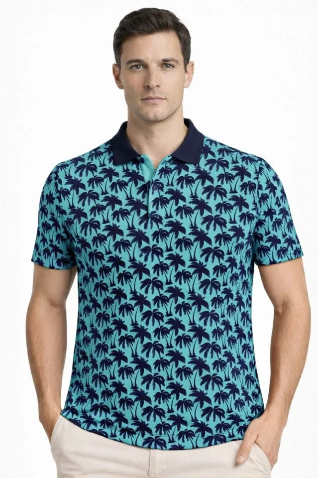 Men's Pique Fabric Polo Neck Palm Pattern Short Sleeve Summer T-Shirt - Turquoise