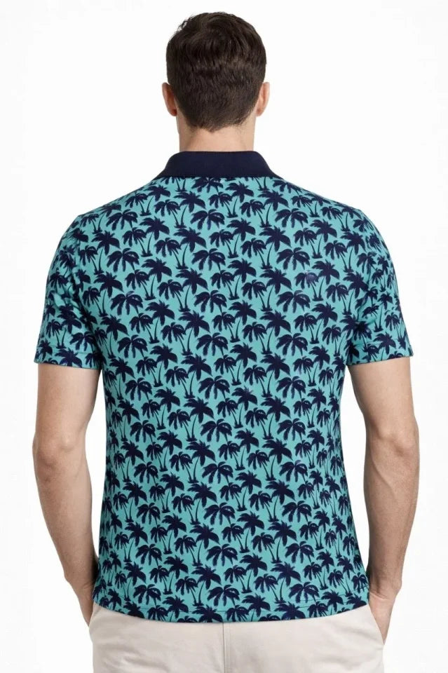 Erkek Pike Kumaş Polo Yaka Palmiye Desenli Tişört Kısa Kol Yazlık T-Shirt - Turkuaz