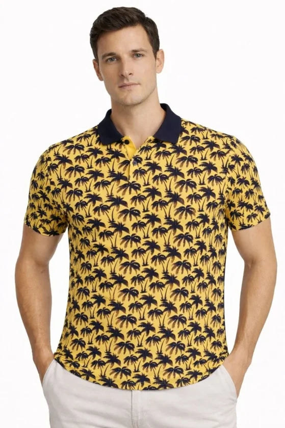 Men's Pique Fabric Polo Neck Palm Pattern Short Sleeve Summer T-Shirt - Yellow