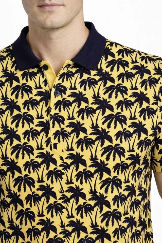 Men's Pique Fabric Polo Neck Palm Pattern Short Sleeve Summer T-Shirt - Yellow