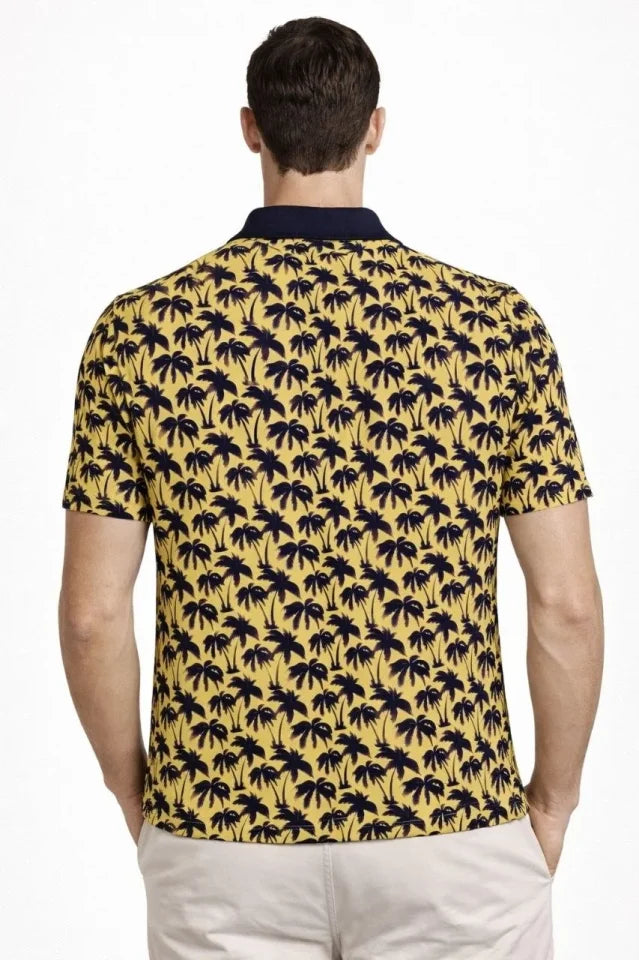Men's Pique Fabric Polo Neck Palm Pattern Short Sleeve Summer T-Shirt - Yellow