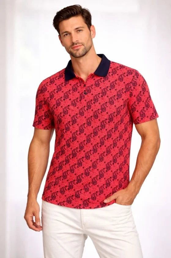 Men's Pique Fabric Polo Neck Palm Pattern Short Sleeve Summer T-Shirt - Red
