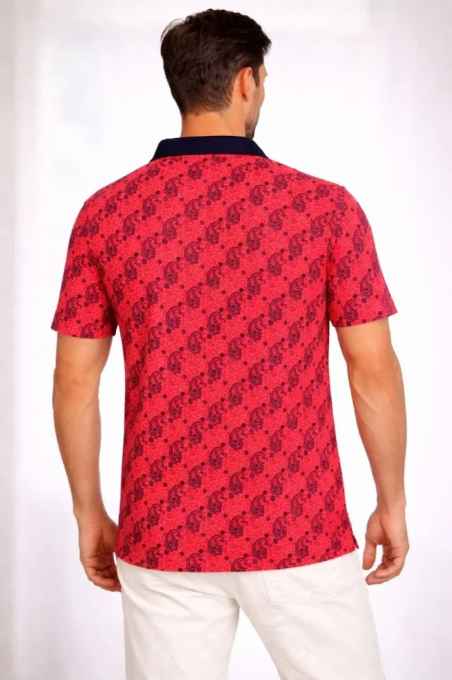 Men's Pique Fabric Polo Neck Palm Pattern Short Sleeve Summer T-Shirt - Red
