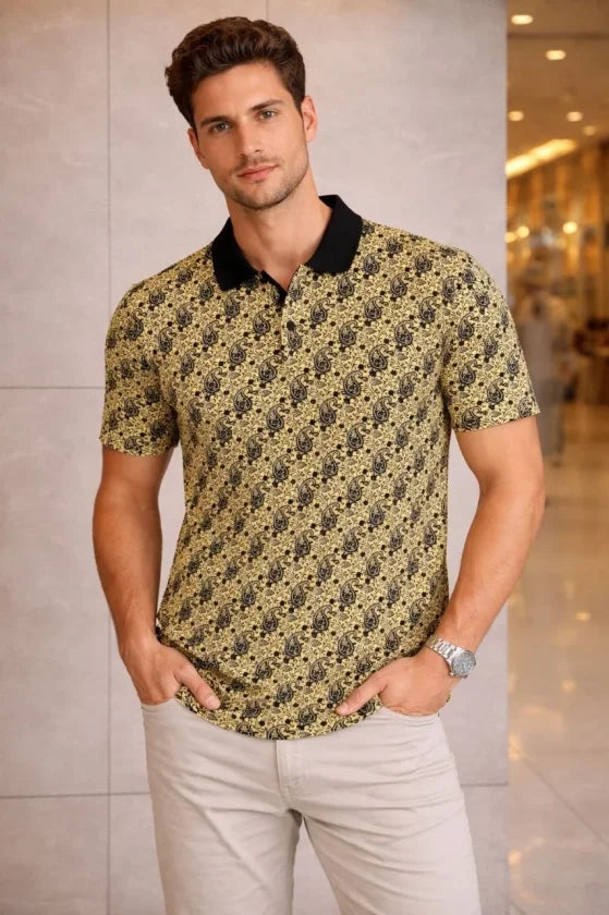 Men's Pique Fabric Polo Neck Palm Pattern Short Sleeve Summer T-Shirt - Yellow