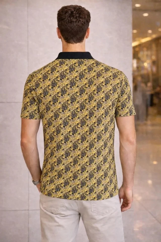 Men's Pique Fabric Polo Neck Palm Pattern Short Sleeve Summer T-Shirt - Yellow