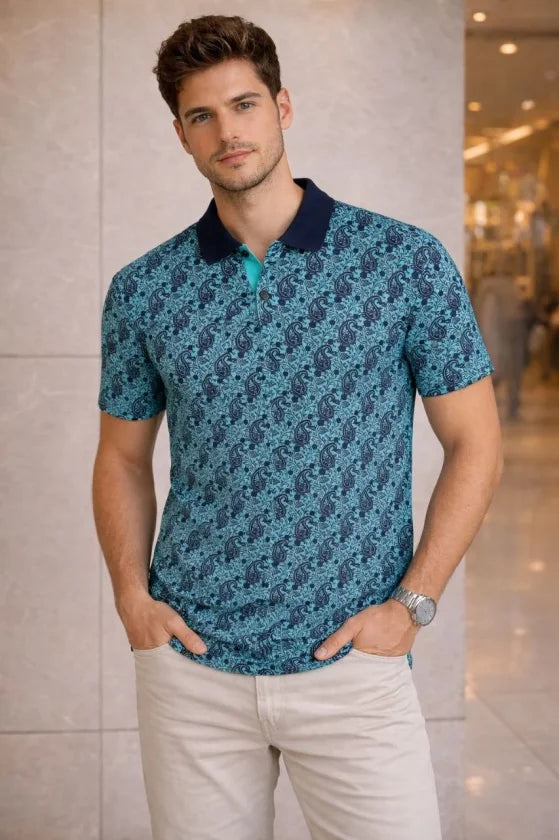 Men's Pique Fabric Polo Neck Palm Pattern Short Sleeve Summer T-Shirt - Turquoise
