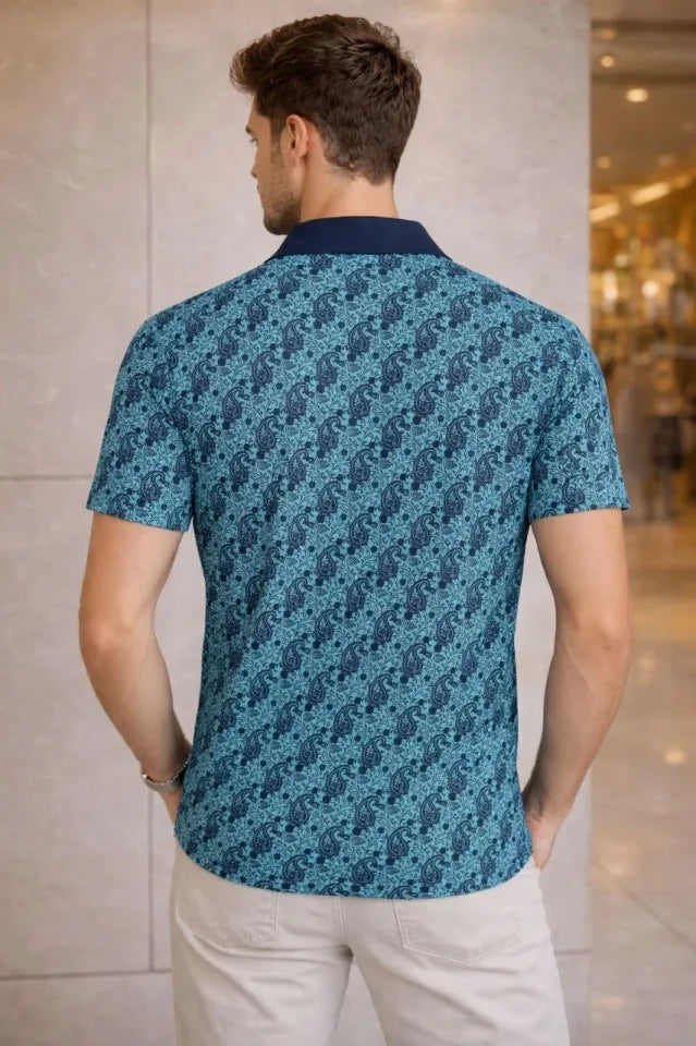 Men's Pique Fabric Polo Neck Palm Pattern Short Sleeve Summer T-Shirt - Turquoise