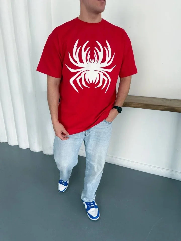 Men's Spider Print T-Shirt Short Sleeve Crew Neck T-Shirt - Red