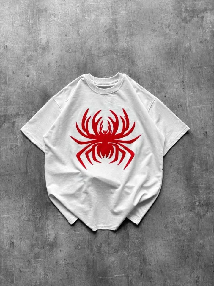 Spider Print T-Shirt Short Sleeve Crew Neck T-Shirt - White