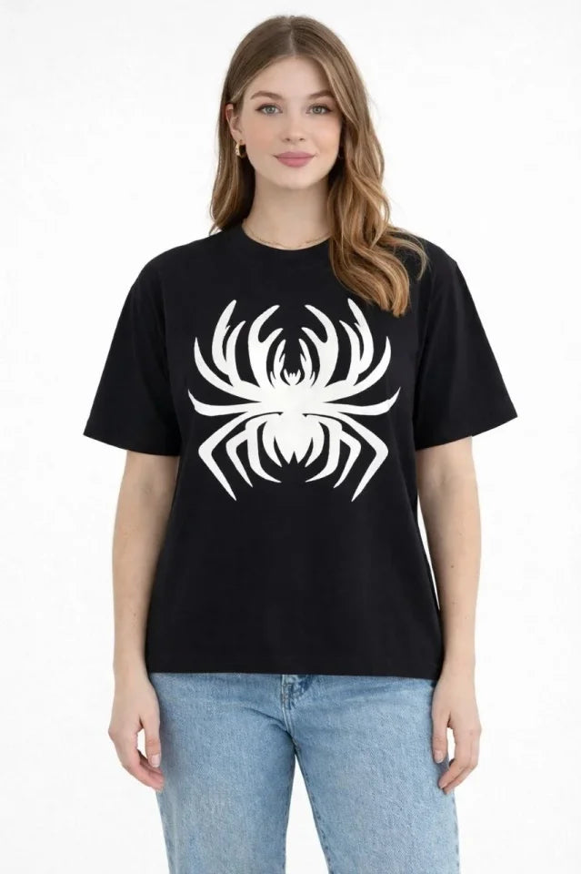 Spider Print T-Shirt Short Sleeve Crew Neck T-Shirt - Black