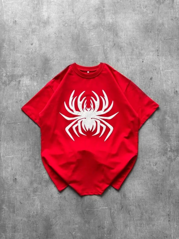 Örümcek Baskılı Tişört Kısa Kollu Bisiklet Yaka T-Shirt - Kırmızı