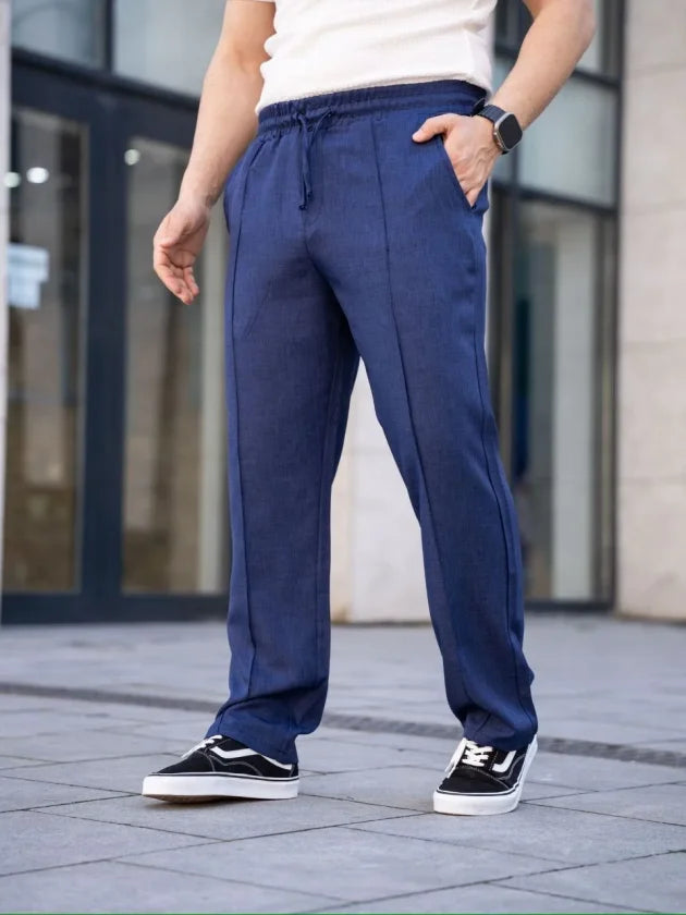 Men's Linen Pocket Seam Jogger Baggy Pants Comfortable Fit - Navy