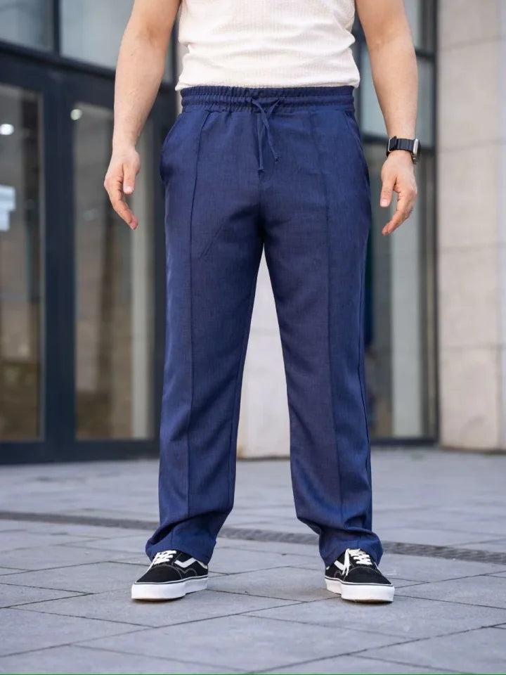 Men's Linen Pocket Seam Jogger Baggy Pants Comfortable Fit - Navy