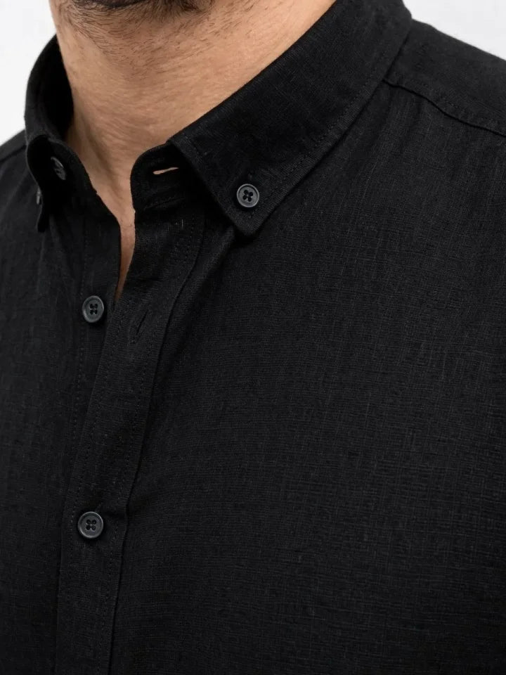 Erkek KETEN Kumaş Oversize Uzun Kollu Rahat Kalıp Gömlek - Siyah