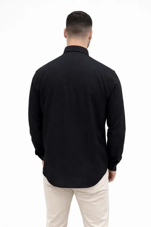 Erkek KETEN Kumaş Oversize Uzun Kollu Rahat Kalıp Gömlek - Siyah